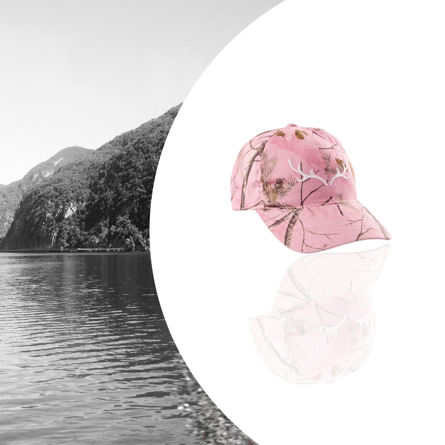 Mooselander – Ladies Baseball Cap in Realtree AP Pink Camo Print with White Antler Logo