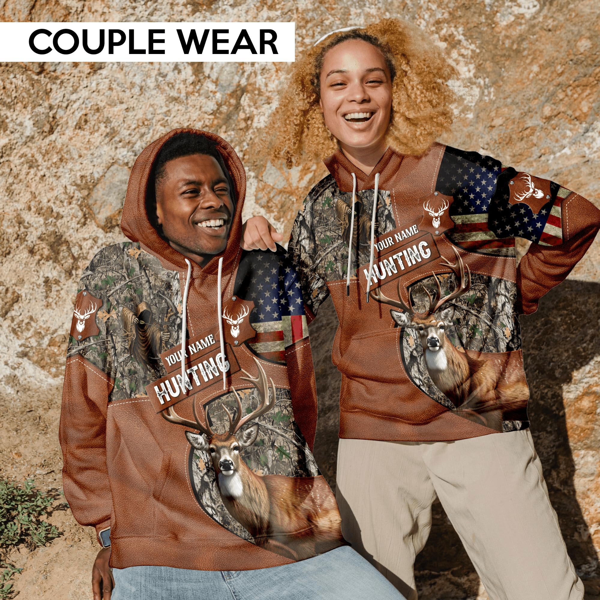 ENCYCOM Personalized Deer Hunting Hoodies – Camo Hoodie with US Flag Over All Print – Warm Outdoor Sweatshirt for Men & Women (US, Alpha, Small, 5X-Large, Regular, Regular, Deer Hunting 5)