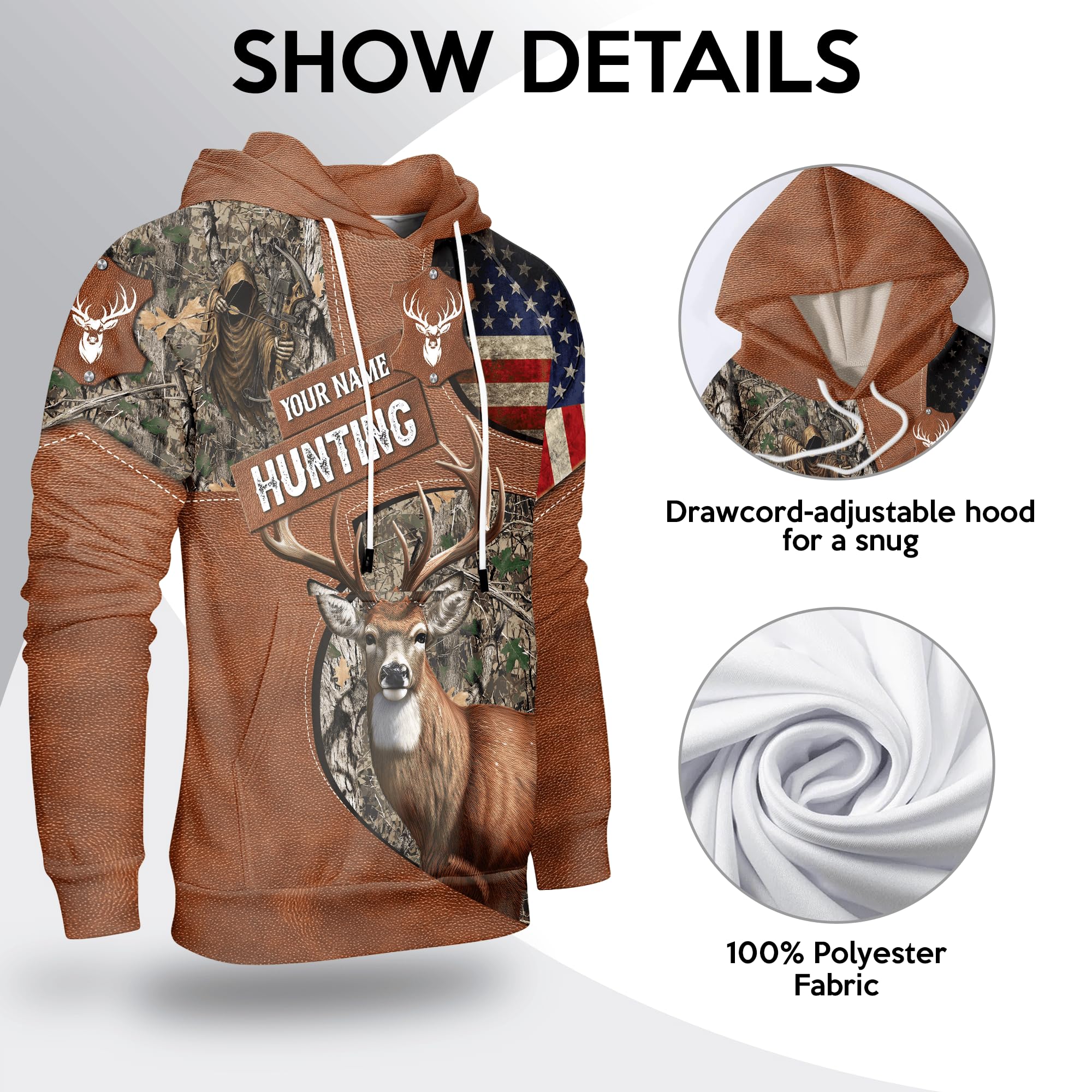 ENCYCOM Personalized Deer Hunting Hoodies – Camo Hoodie with US Flag Over All Print – Warm Outdoor Sweatshirt for Men & Women (US, Alpha, Small, 5X-Large, Regular, Regular, Deer Hunting 5)