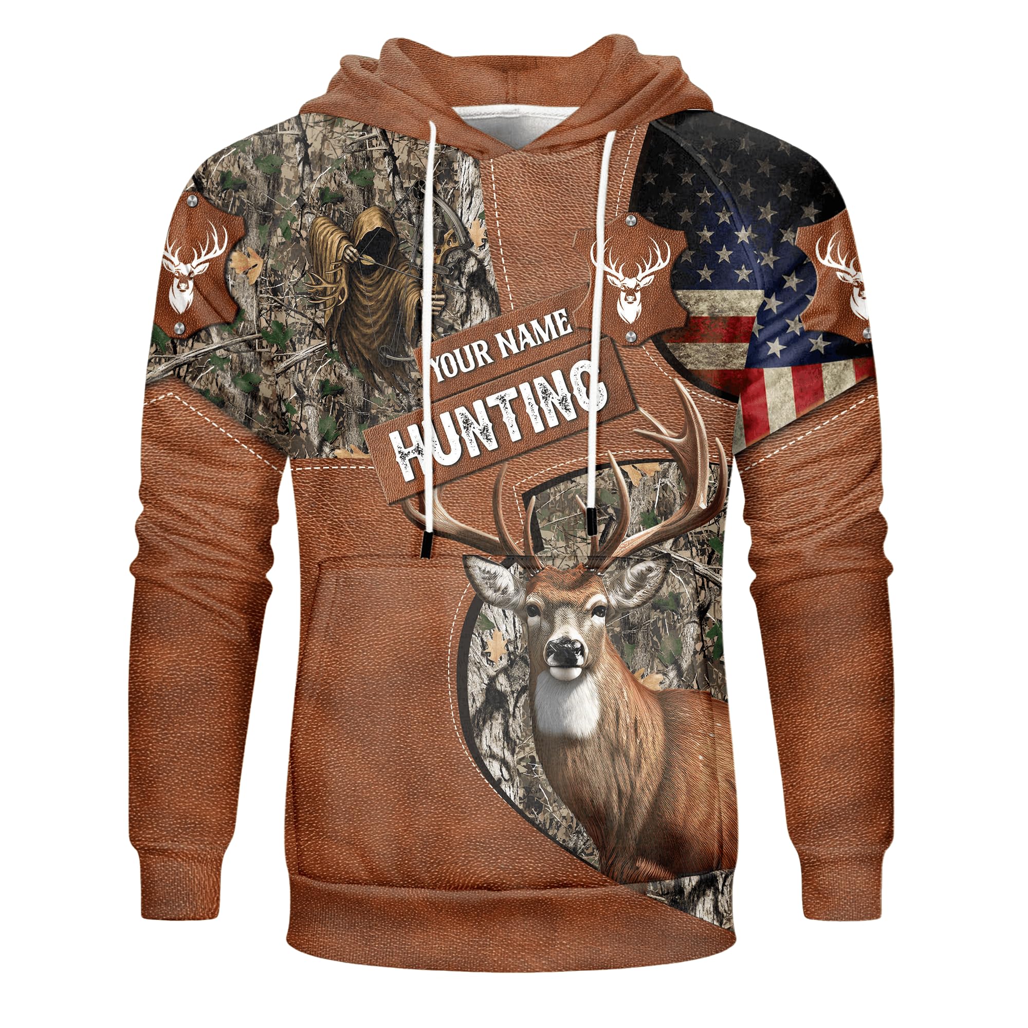ENCYCOM Personalized Deer Hunting Hoodies – Camo Hoodie with US Flag Over All Print – Warm Outdoor Sweatshirt for Men & Women (US, Alpha, Small, 5X-Large, Regular, Regular, Deer Hunting 5)