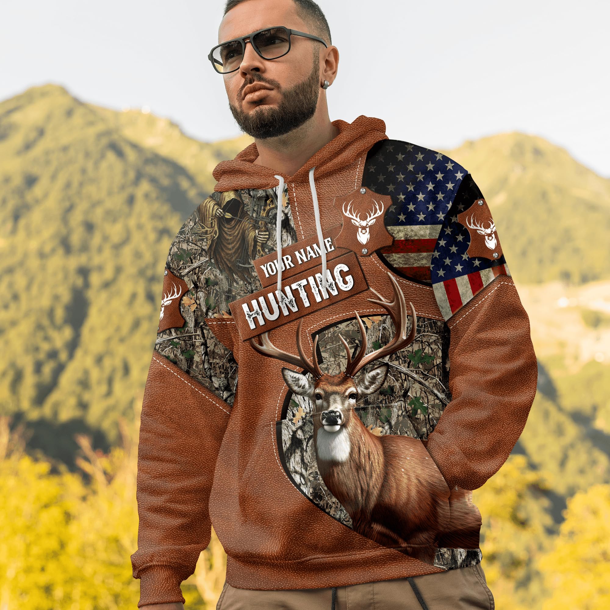 ENCYCOM Personalized Deer Hunting Hoodies – Camo Hoodie with US Flag Over All Print – Warm Outdoor Sweatshirt for Men & Women (US, Alpha, Small, 5X-Large, Regular, Regular, Deer Hunting 5)